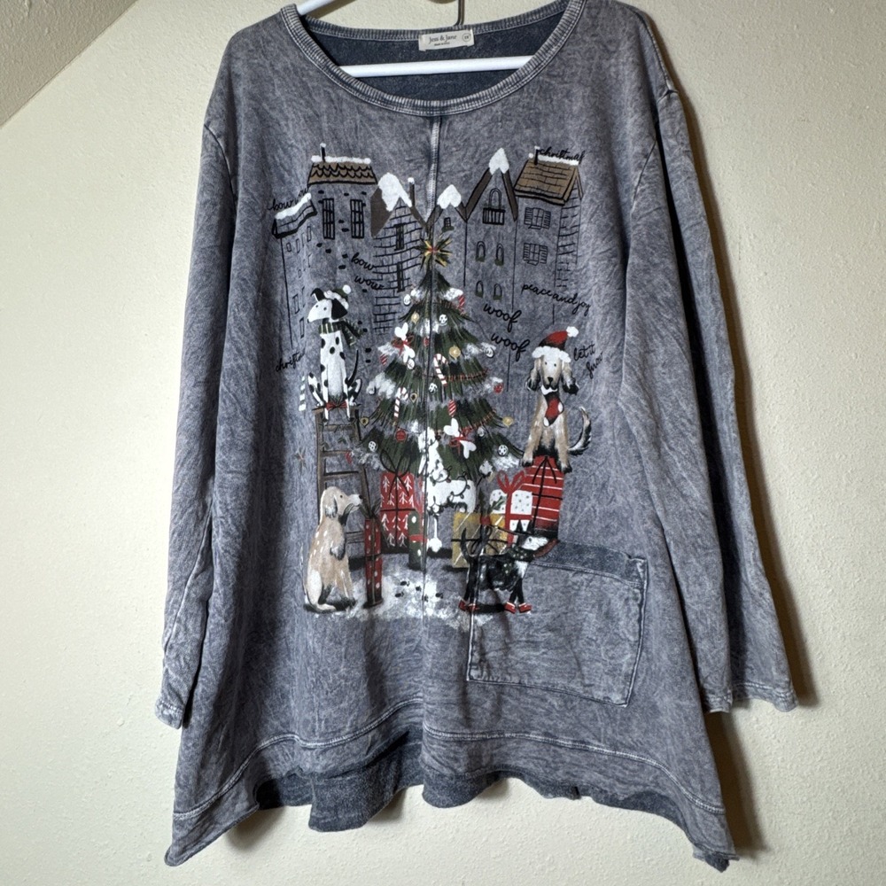 Jess & Jane Womens 1X Bow Wow Christmas Top Gray Artsy Dogs Holiday  Long Sleeve